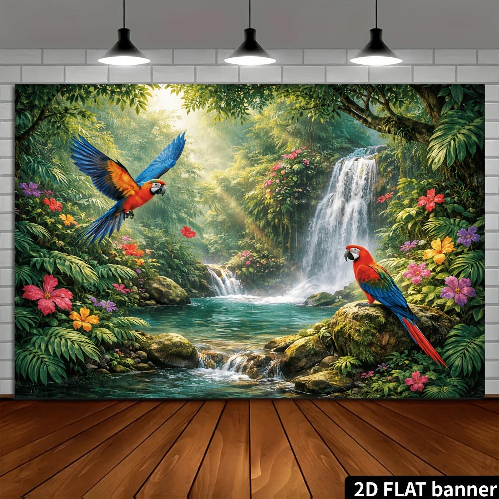 2D Plane Tropical Rainforest Parrot Background Cloth - Featuring Flying Colorful Parrots, Waterfalls, Pools and Flowers 100x150cm