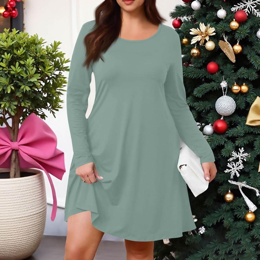 Plus Size Women's Solid-Colour Casual Dress Spring Pocket Round Neck Long-Sleeved Dress