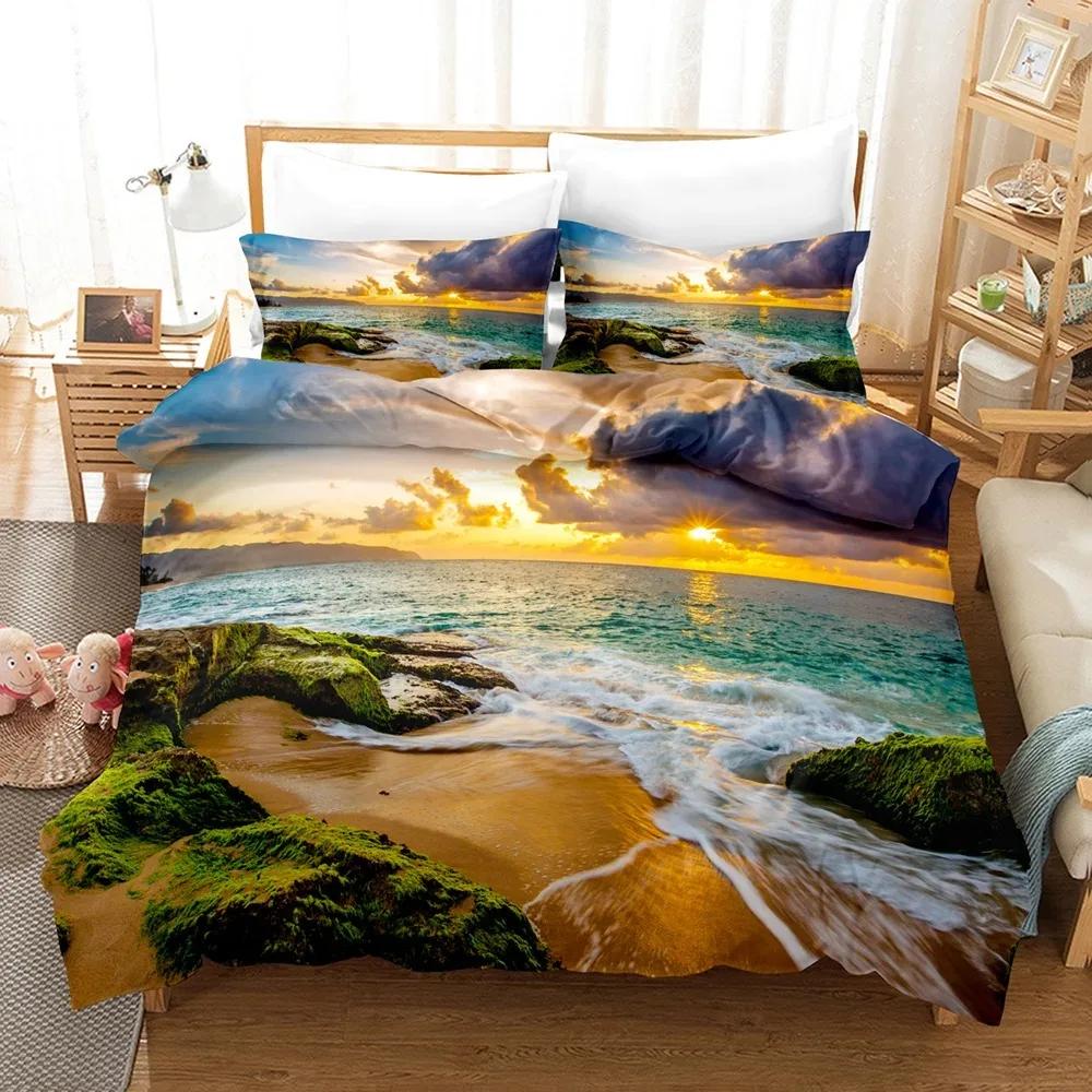Goldon Sunset Tropical Beach Holiday Comfortable Duvet Cover Pillowcase Bedding Set Children Bedroom Decoration Home Textile