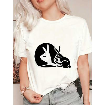 Oversized T Shirt Black Peace Sign And Rabbit Print Casual Streetwear For Women