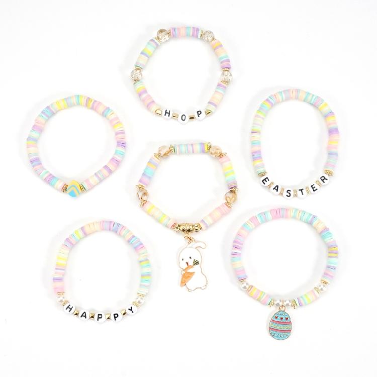 Easter Theme Polymer Clay Bead Bracelet Set of 6 Unique Designs Ornament for Holiday Celebrations and Daily Wear
