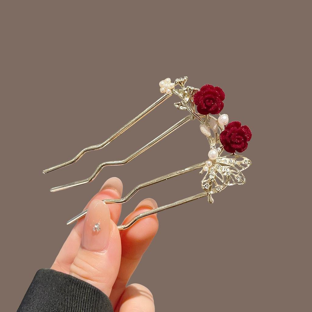Elegant Red Rose Tassel Hairpin - U-shaped Hair Accessory for Women, Perfect for Updos and Traditional Attire.