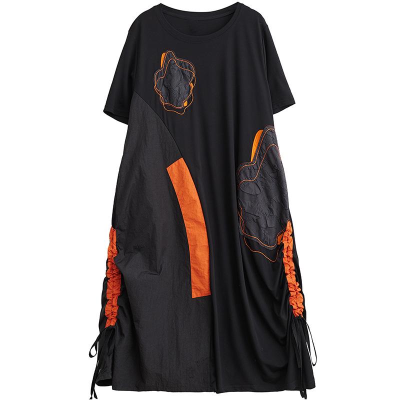 Summer New Loose Casual Embroidered Dress Color Block Hem Drawstring Slimming Women's Fashionable Artistic Clothing Dress