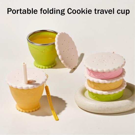 Collapsible Travel Cup with Lid Cookie Design Silicone Folding Cup Portable Reusable Drinking Cup for Camping Hiking Picnics