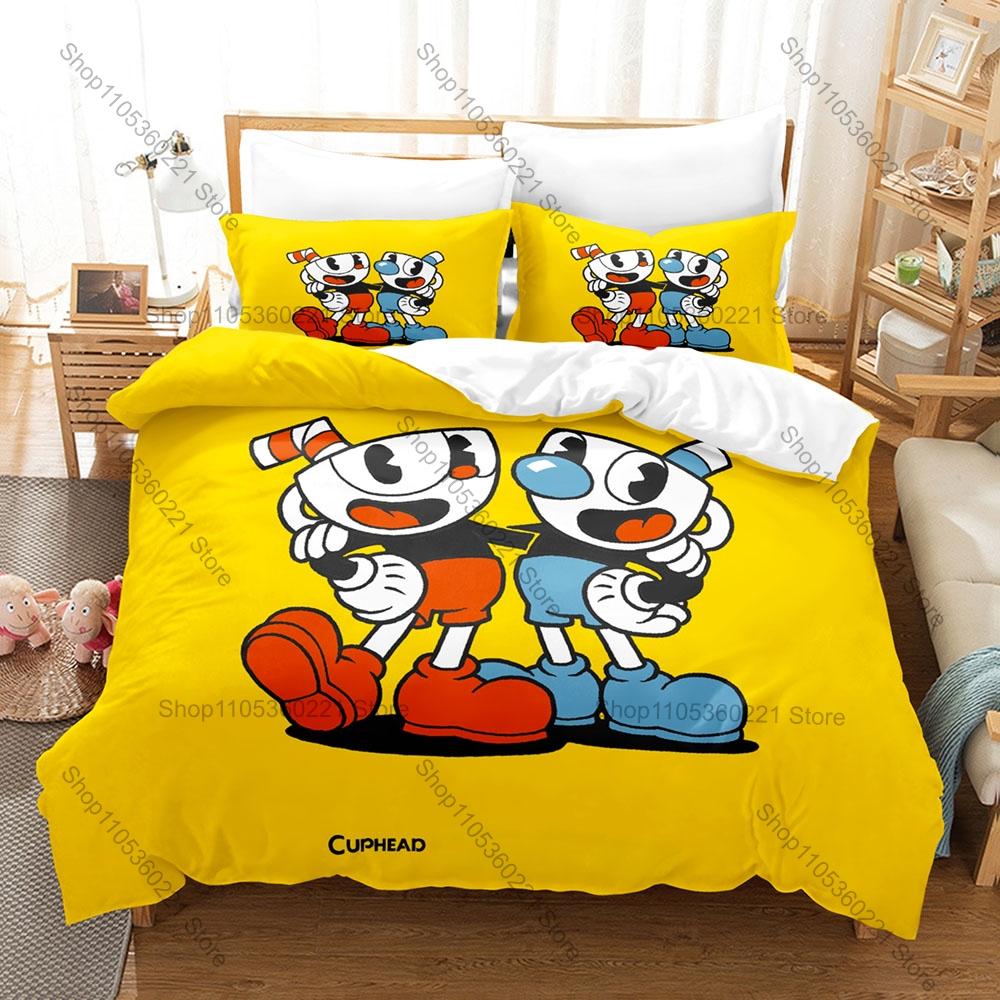 Cool Cuphead and Mugman Bedding Set Includes Duvet Cover + 2 Pillowcases 1930s Retro Rubber Hose Run And Gun Game Bedroom For Ga