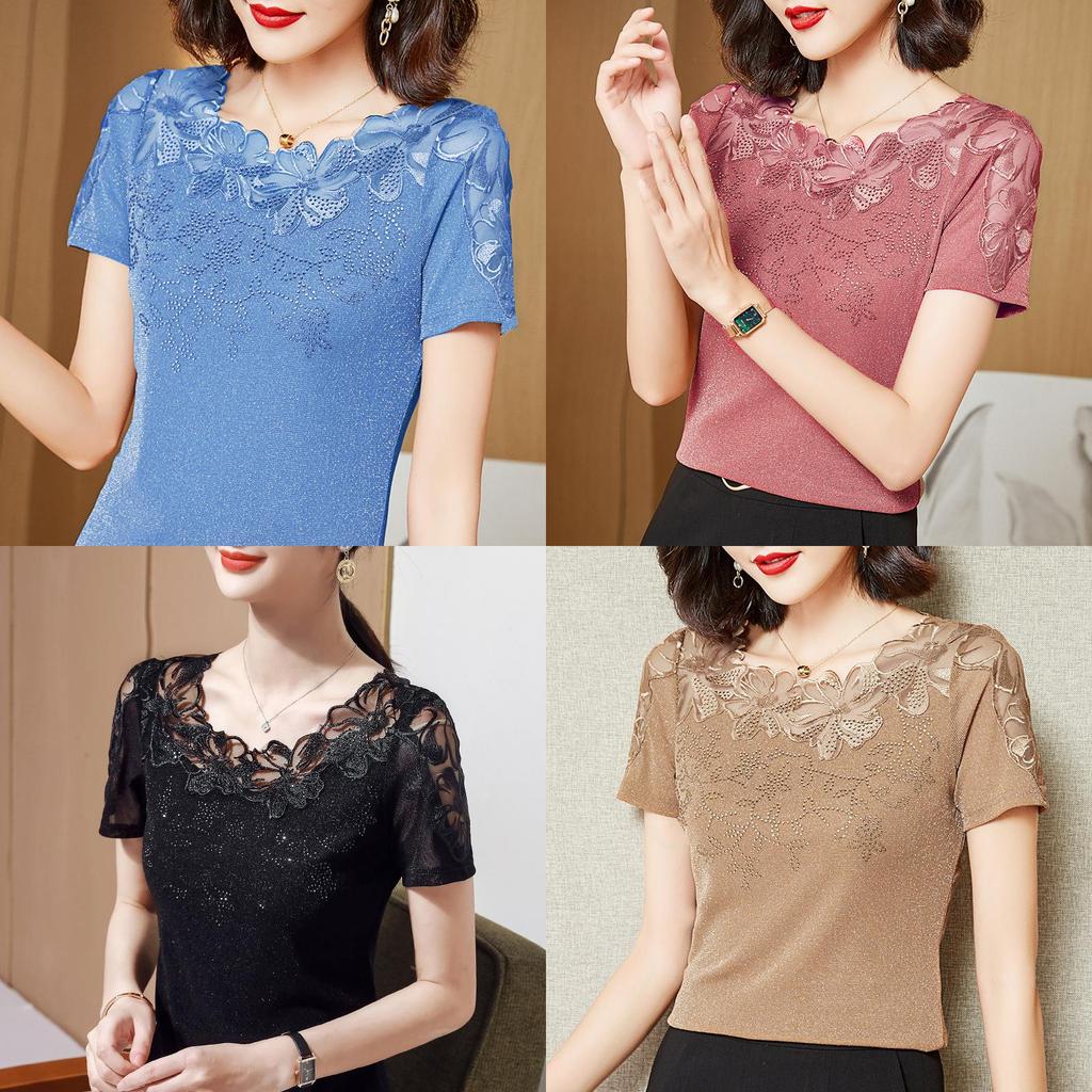 Summer Lace Trim Short Sleeve T Shirt With Embroidered Details For Elegant Women