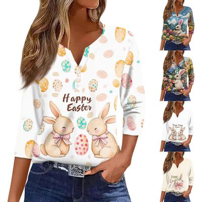 Women's T Shirt Print Button 3/4 Sleeve Daily Weekend Fashion Basic V- Neck Regular Top