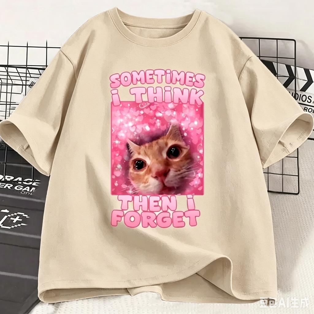 New Sometimes I Think Then I Forget Funny Cat Meme Shirt Adult and Kids Stupid Humor Cats T-shirt Fashion Short Sleeve Tops