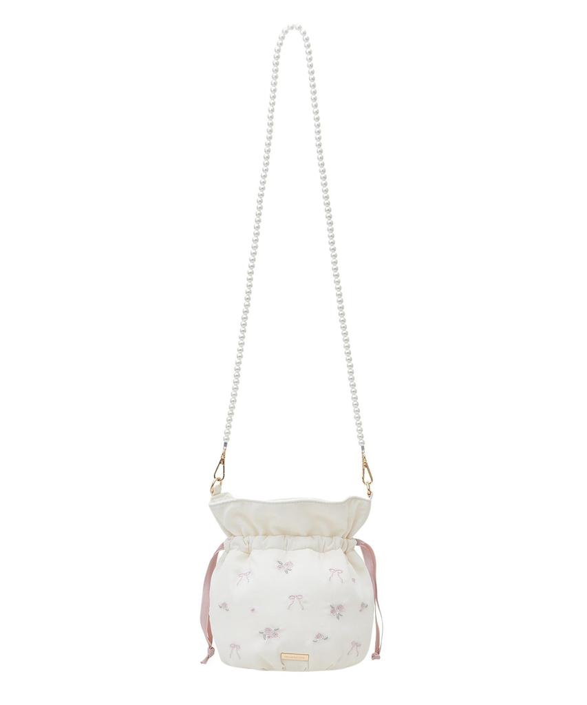 de Apparel Rose Ribbon Embroidered Drawstring Shoulder Bag for Ivory [Maison Fleur] Women,