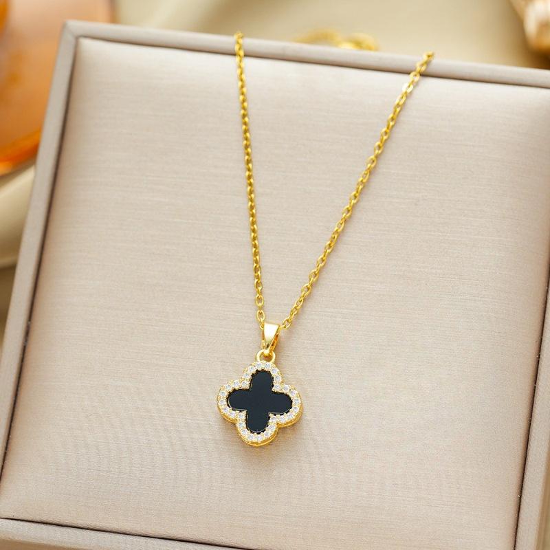 Dainty Clover Pendant Necklace for Women, Silver Plated Zircon Black Agate Lucky Choker, Elegant Fashion Jewelry Gift