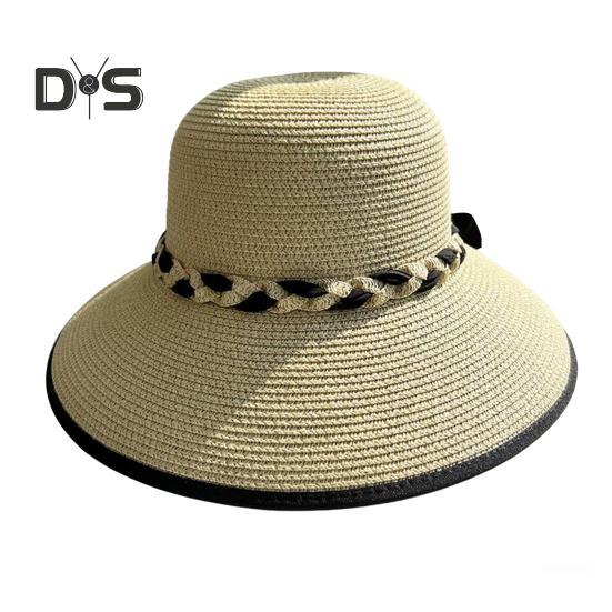 Sommer-Sonnenhut mit breiter Krempe, geflochtenem Seildekor, Strandhut, UV-Schutz, größenverstellbar, Schweißbänder, Damen-Strohhut