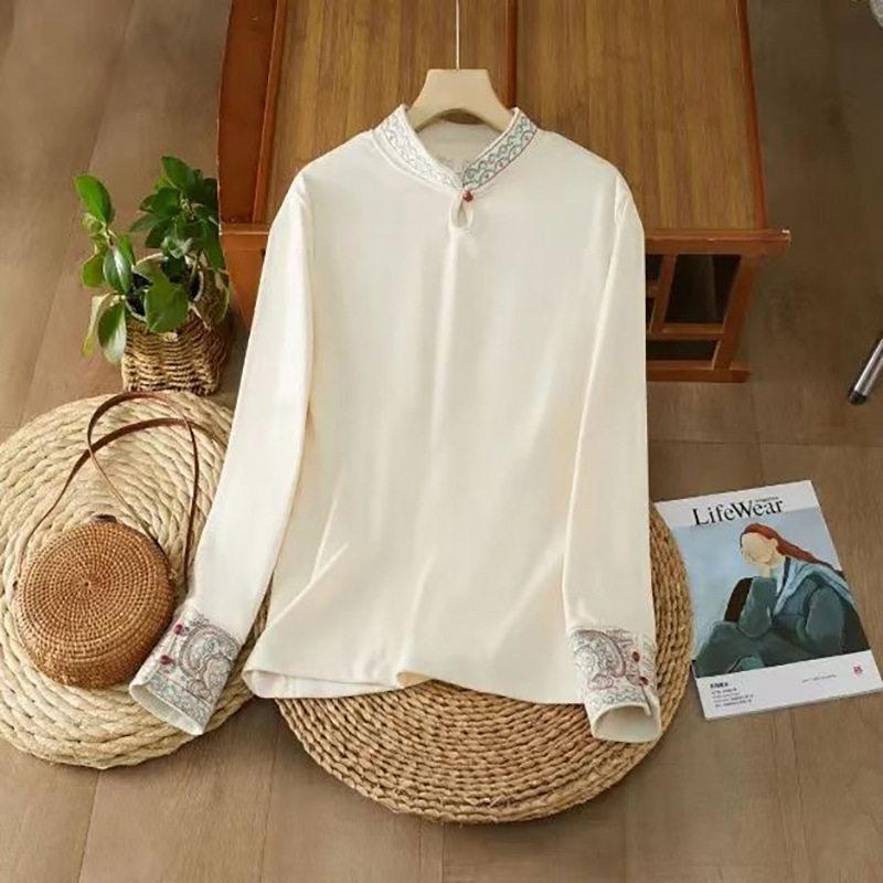 Women S Slim Fit Stand Collar Long Sleeve Thermal Base Shirt Retro Style Embroidery