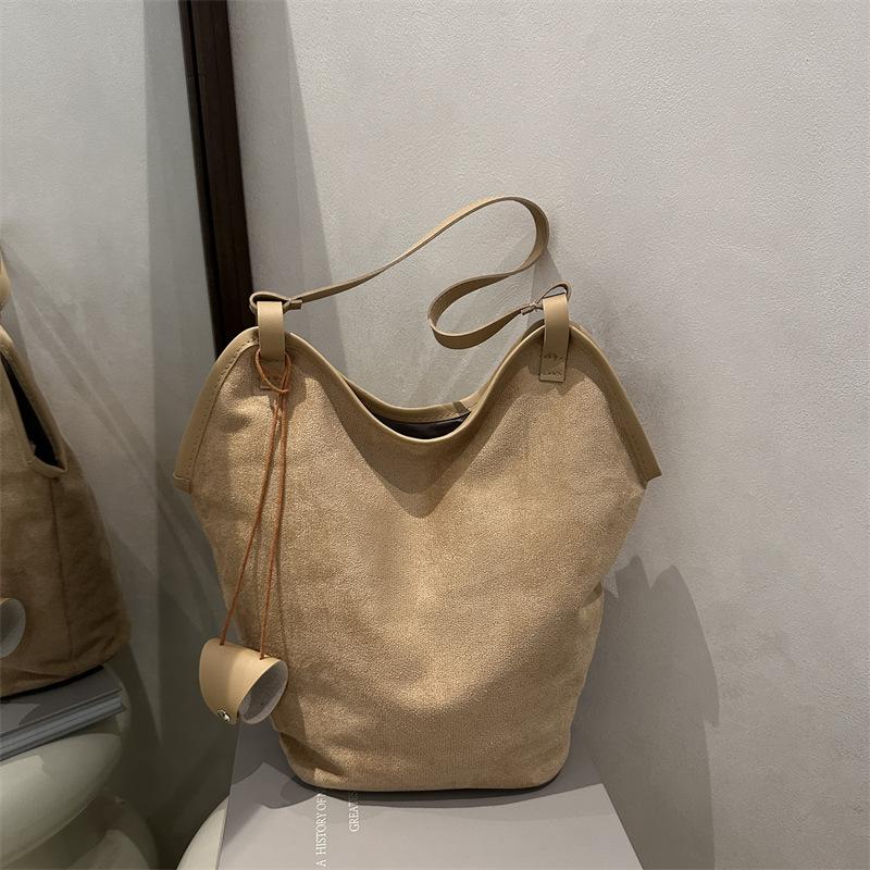Vintage Women's Suede Shoulder Bags Solid Color Simple Ladies Large Capacity Casual Tote Autumn Portable Female Bucket Handbags