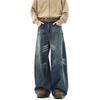 JYL Men's Straight Jeans American Vintage Ripped Summer Washed Blue Street Denim