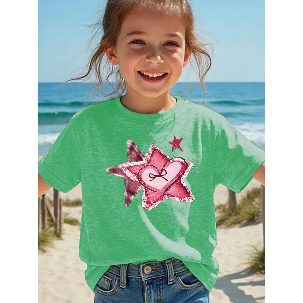 Summer girls casual and comfortable sports short-sleeved T-shirt with stars and hearts pattern design 100