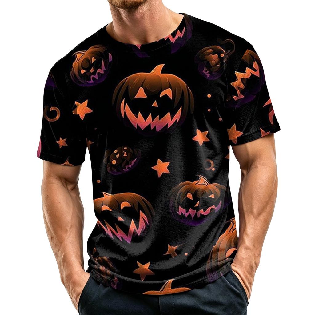 Men's Casual Short Sleeve T-Shirt Lightweight Breathable Round Neck Top Halloween Pumpkin Print Design Comfortable Fit