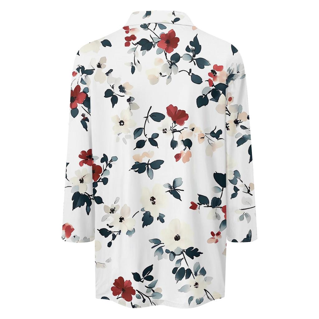 Women's Fashion Casual Lapel 3/4 Sleeve Printed Shirt Women's V Neck  Up Tops