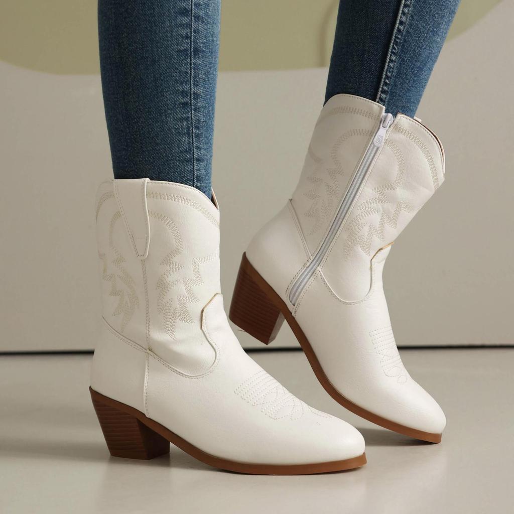 Cowboy Winter Boots for Women Ankle Boots Wide Calf Leather Heels Shoes 2025