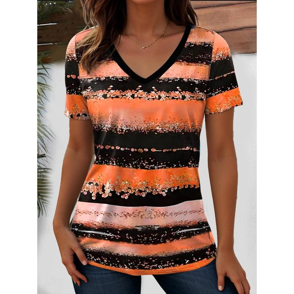 Women's T-Shirt Ocean Striped Graphic Fashion Short Sleeved V-Neck Regular Tops Daily Print Tee Summer Spring casual Tops