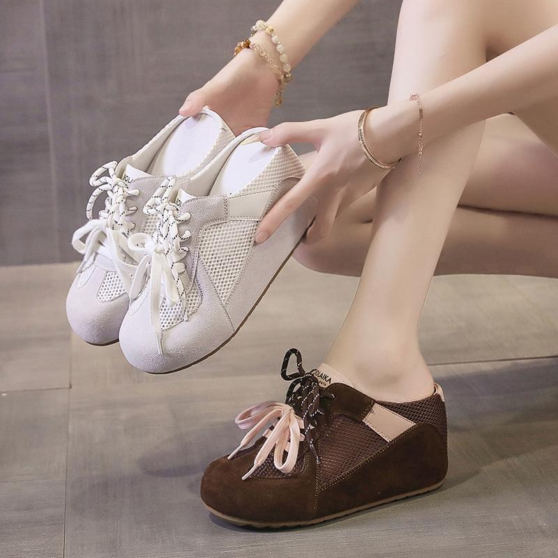 Non-heeled Semi-drag Women's Summer New Round Toe Light Mouth Color Block Hollow Out Breathable Mesh Anti-slippery Heel Shoes