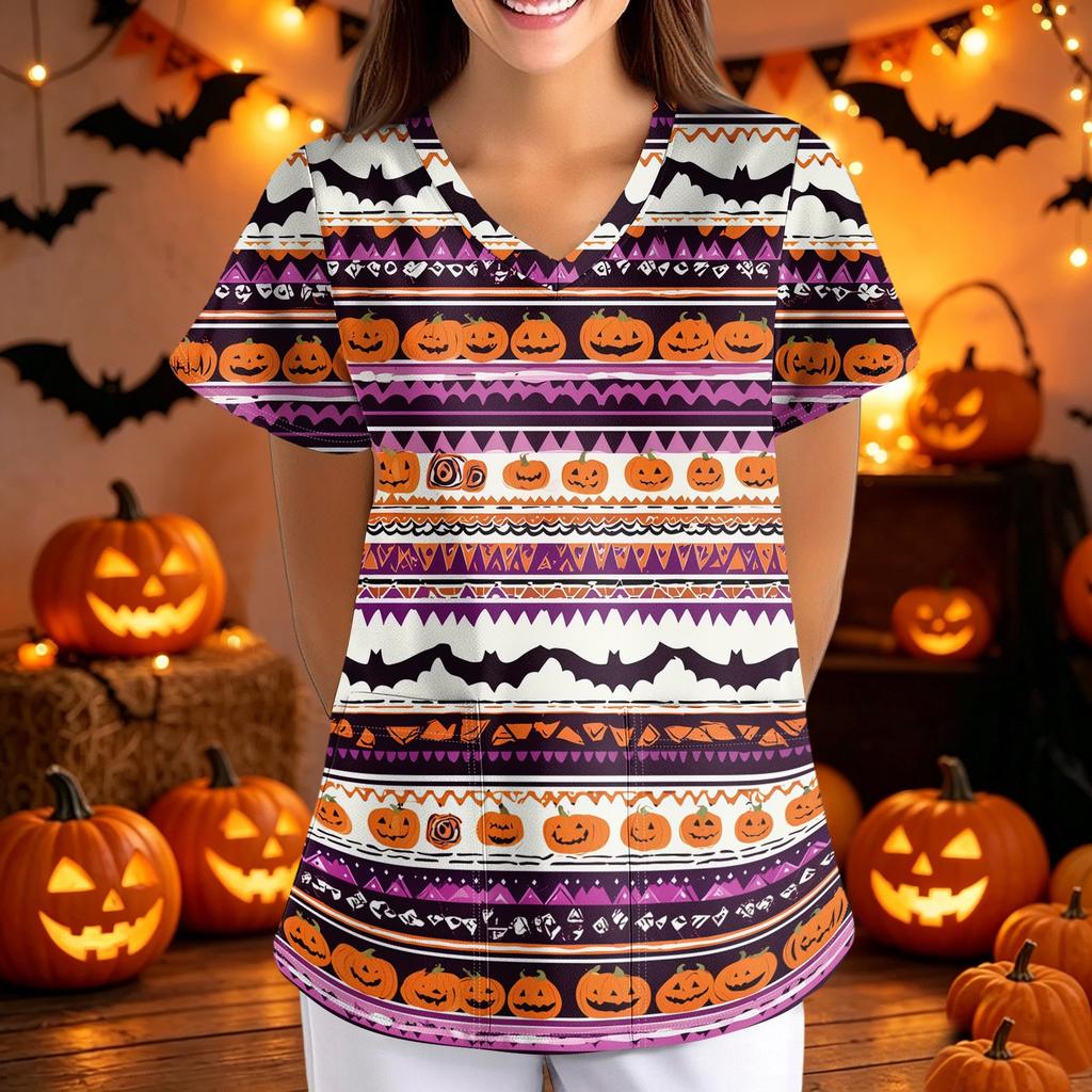 Loose Fit V Neck Short Sleeve Halloween Print Medical Scrub Top with Pockets for Women Nurses Caregivers Workwear