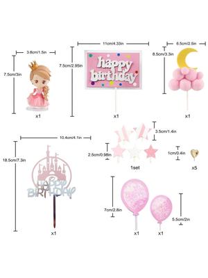 Princess Cake Topper Girl Princess Castle Cake Decorations Happy Birthday Banner Moon Cloud Castle Stars Hearts Cake Toppers