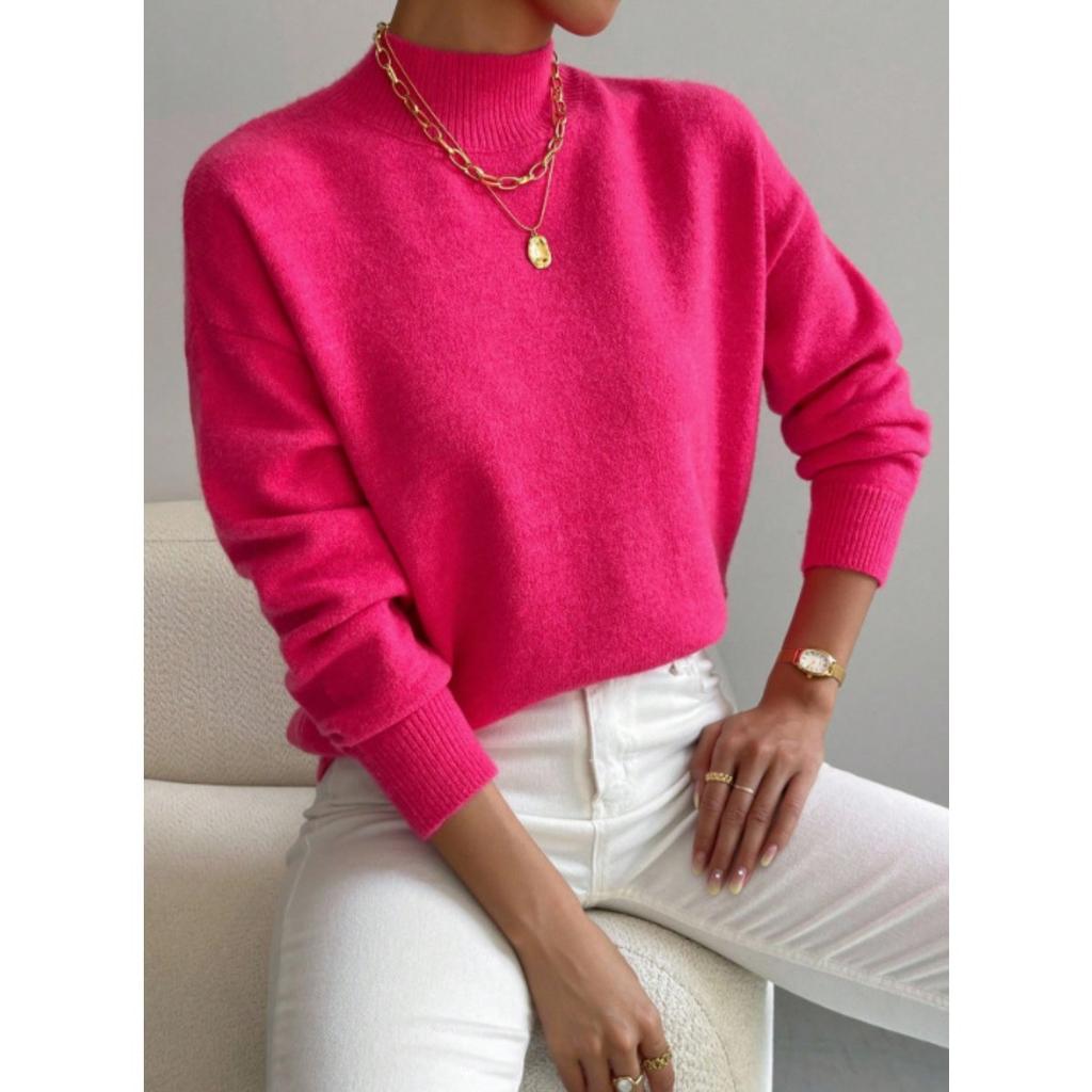 Solid Color Loose Knit Top Semi High Neck Pullover Long Sleeved Sweater Women Autumn and Winter