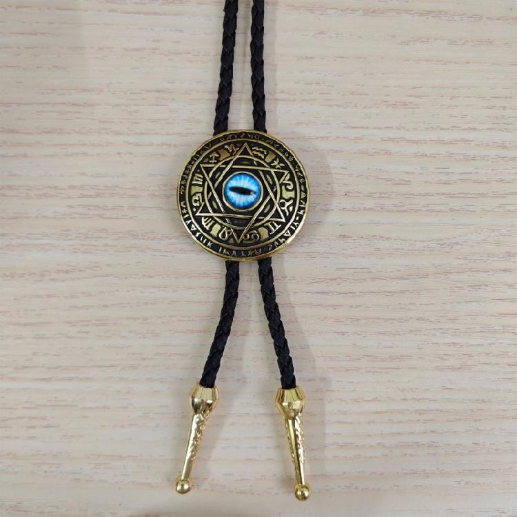 Faux Leather Bolo Tie Necklace with Tribal Elements Devil Eye Pendant Necktie for Western Parties and Everyday Wear