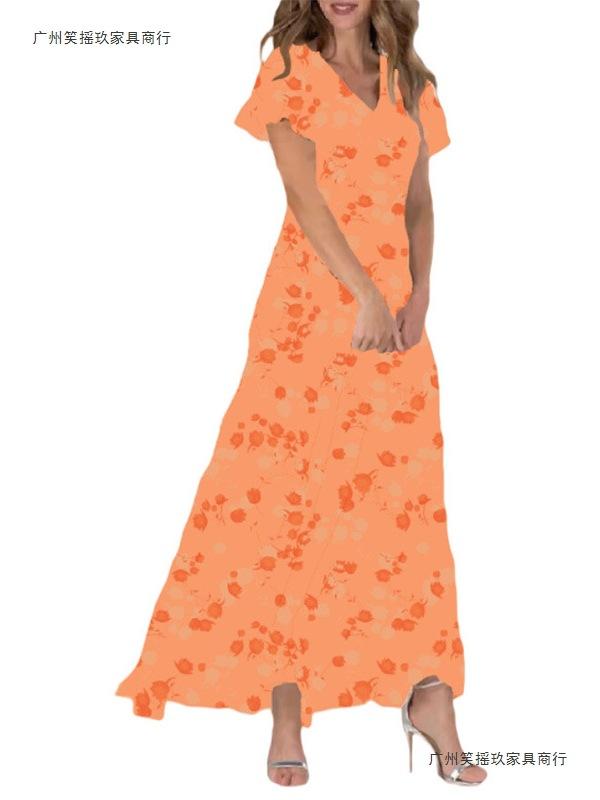 New Beach Pendulum Long Dress Chiffon Floral Short-sleeved Ruffle V-neck Fashionable Waist Dress