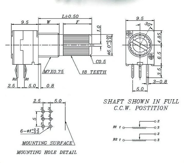 5PCS RK097NS RK097 Potentiometer B10K B5K B100K B1K B50K B20K 500K Shaft 15mm 6Pin Audio Amplifier Sealing Potentiometers Kit