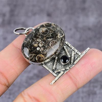 Natural Turtela Fossil, Spinel Gemstone 925 Sterling Silver Pendant 2.28" F2a55