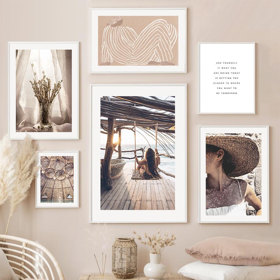 Coastal Flower Chalet Hat Girl Abstract Nordic Posters And Prints Wall Art Canvas Painting Wall Pictures For Living Room Decor