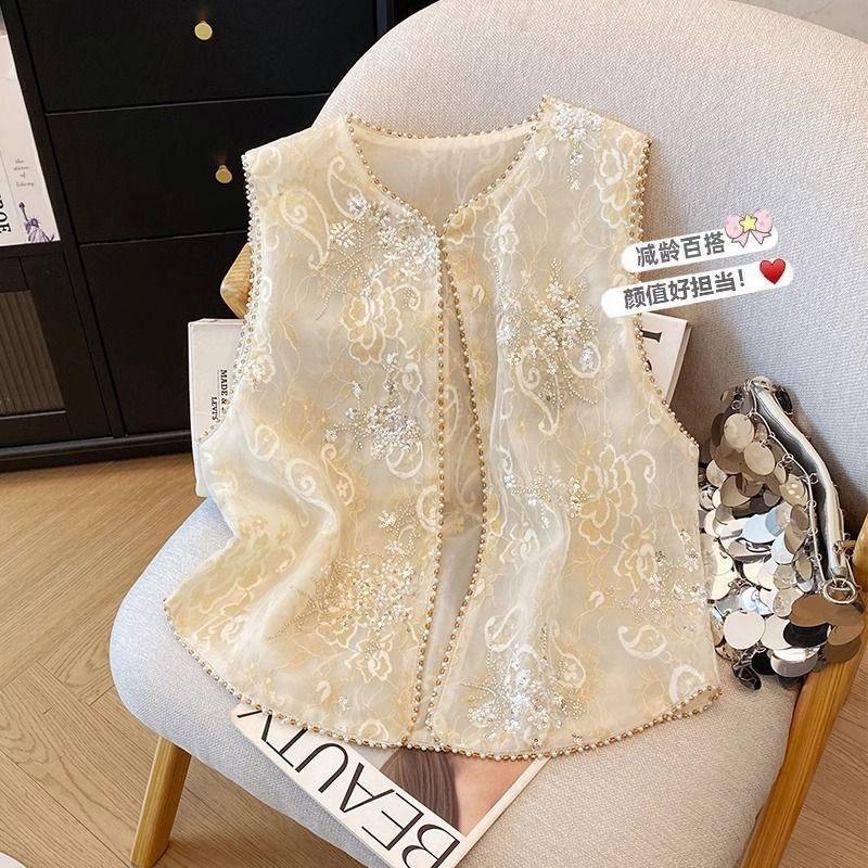2025 new style summer embroidery thin sequined beaded vest vest top