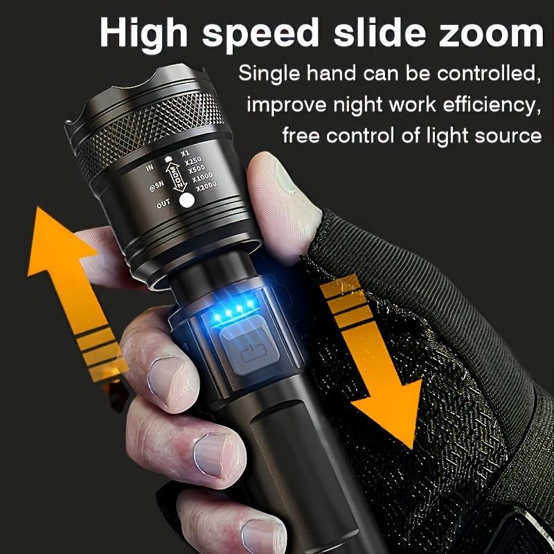 Telescopic zoom flashlight with built-in rechargeable handheld home safety lighting, durable structure, emergency preparation, essential for camping