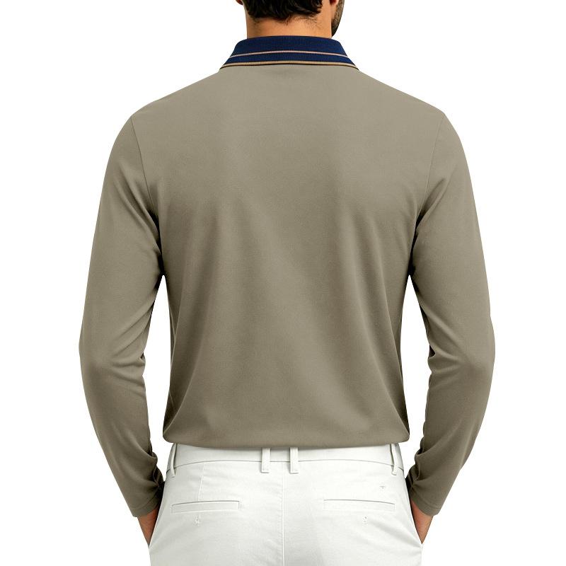 Autumn Mens Solid Long Sleeve Polo Shirt Contrast Striped Lapel Collar Button Placket Breathable Golf Casual Wear Tees