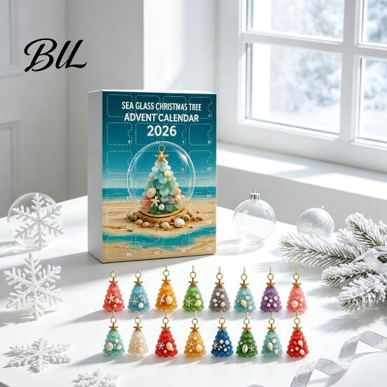 Coastal Home Holiday Ornaments 2026 Christmas Advent Calendar, Sea Glass Tree 2D Acrylic Ornament Set Ocean Inspired Seasonal Decor with Hanging