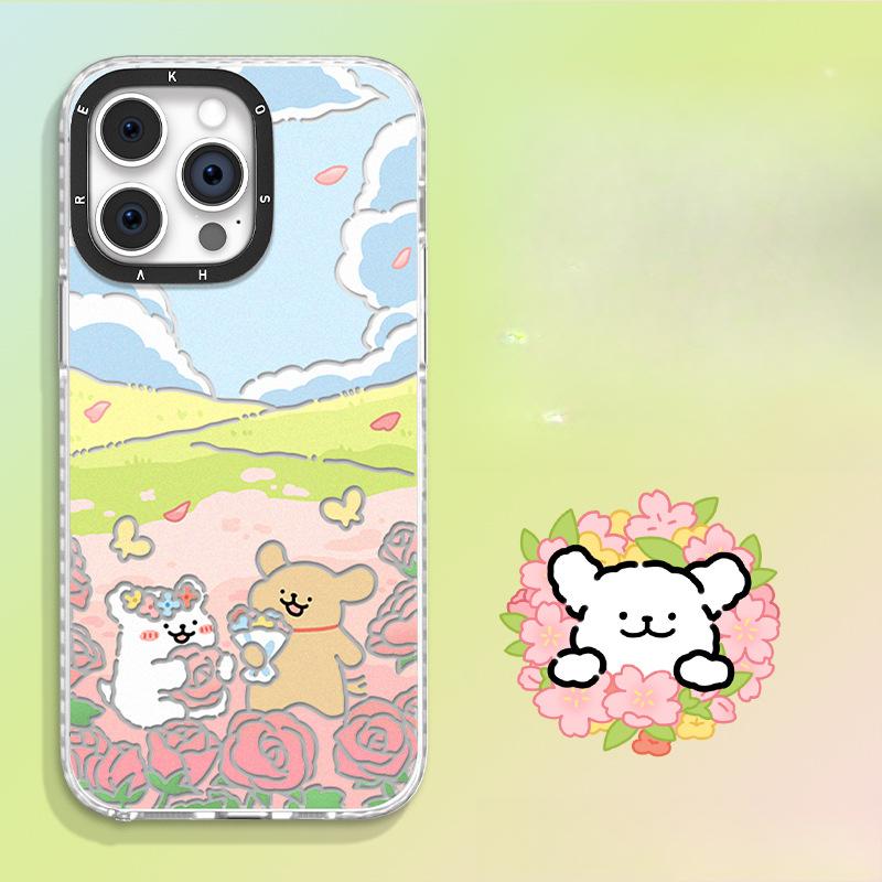 Ins Flower Dog Suitable for Apple 13 Mobile Phone Case Huawei Mate60pro Fulcrum Bracket 15 Cute 14 Anti-fall