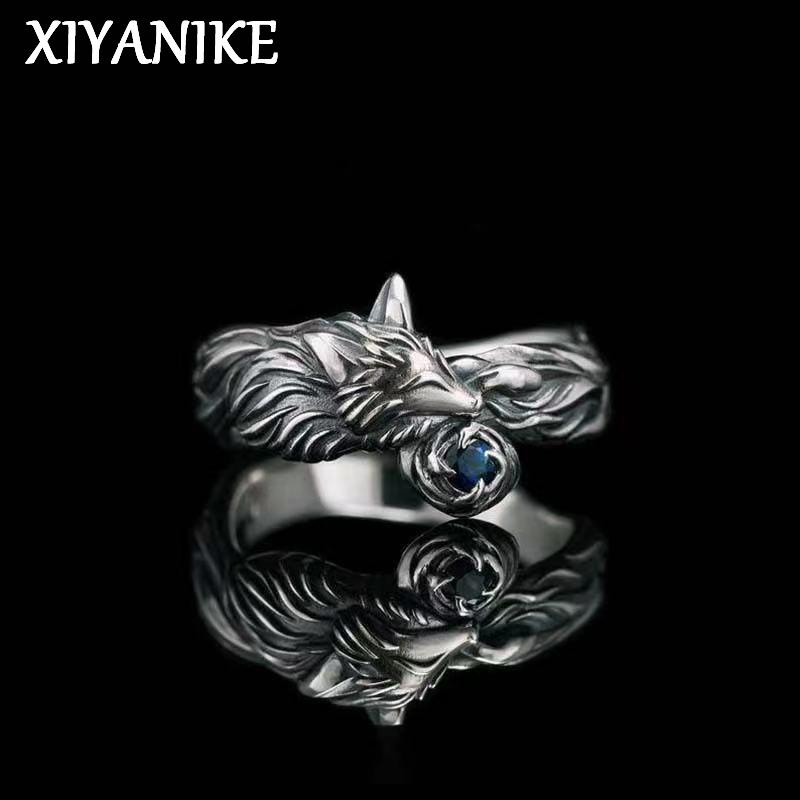 XIYANIKE Vintage Blue Crystal Fox Animal Adjustable Rings For Men Women Punk Fashion New Year Jewelry Gift Party Anillos Mujer