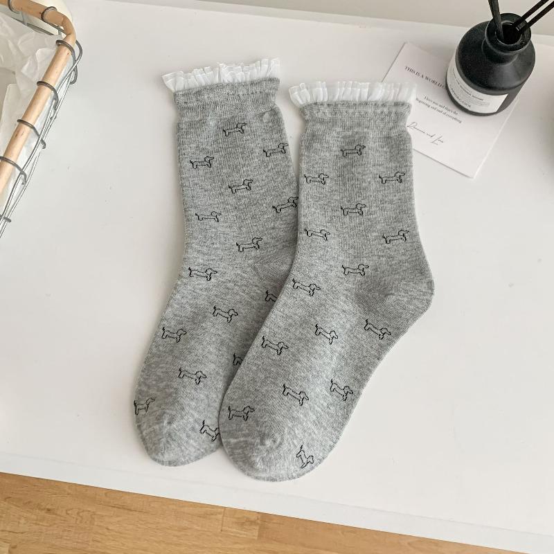 Lace Fringed Socks, Cute Girl Puppy, Mid-calf Pile Socks, Long Socks, Pure Cotton Socks
