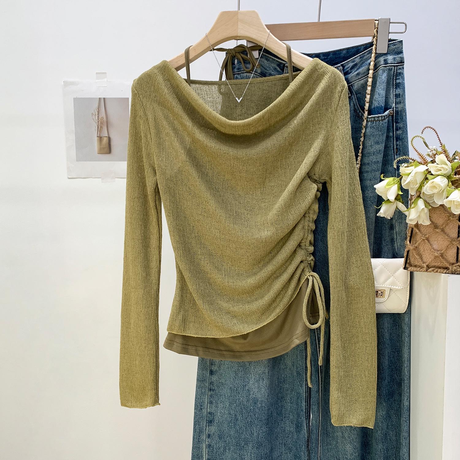 

Elegant Halter Long-Sleeve T-Shirt for Women – Fake Two-Piece Design with Pleated Waist. XL