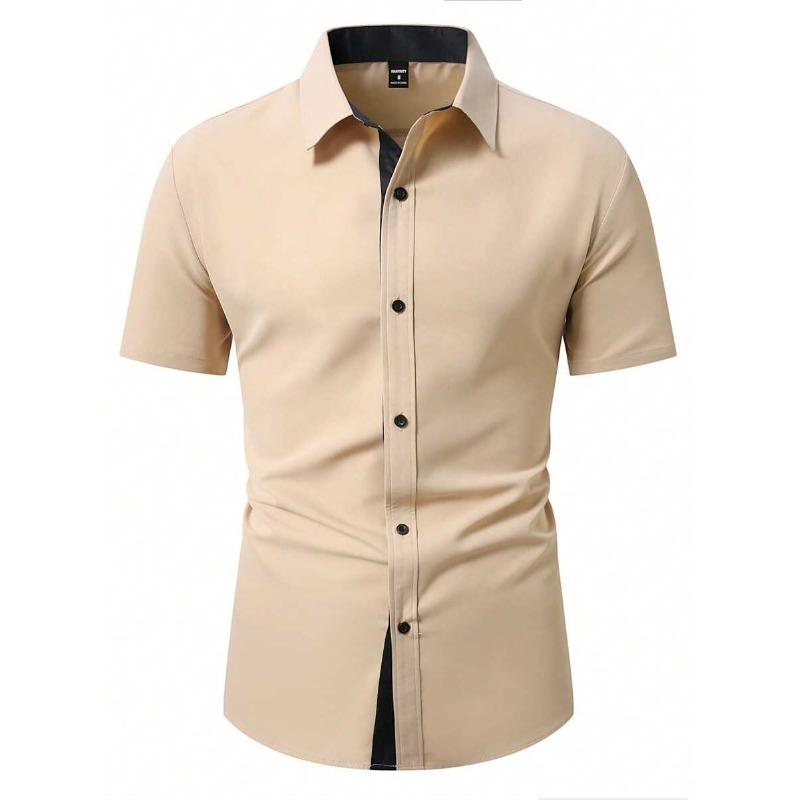 New Summer Men Clothes Spell Color Short Sleeve Shirt Men Lapel Fashion 100% Polyester Shirt Tops