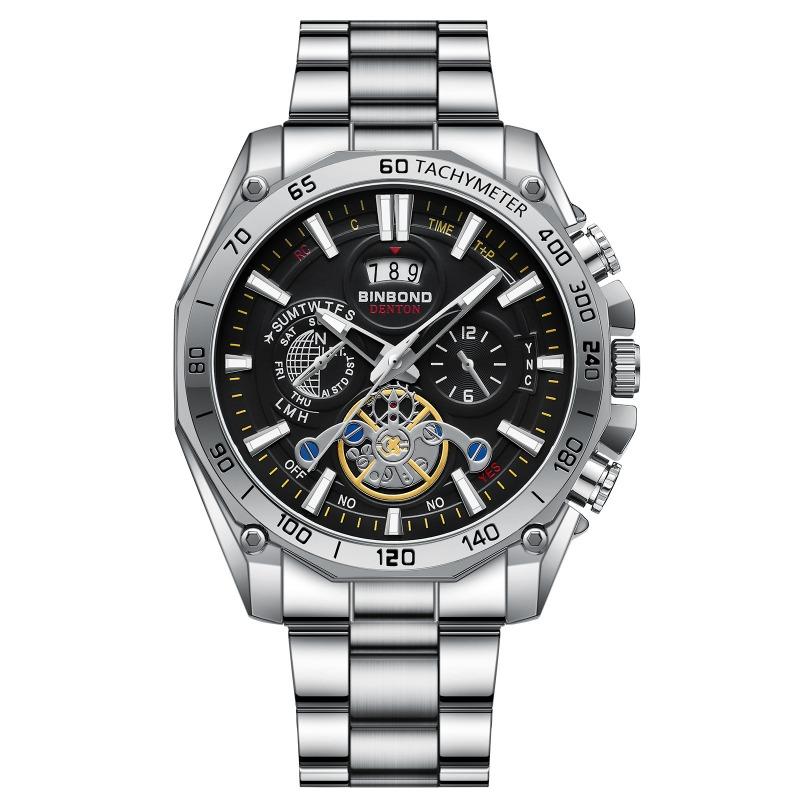 BINBOND luminous trend student watch men's tourbillon gift steel belt three eyes six needles decorative watch