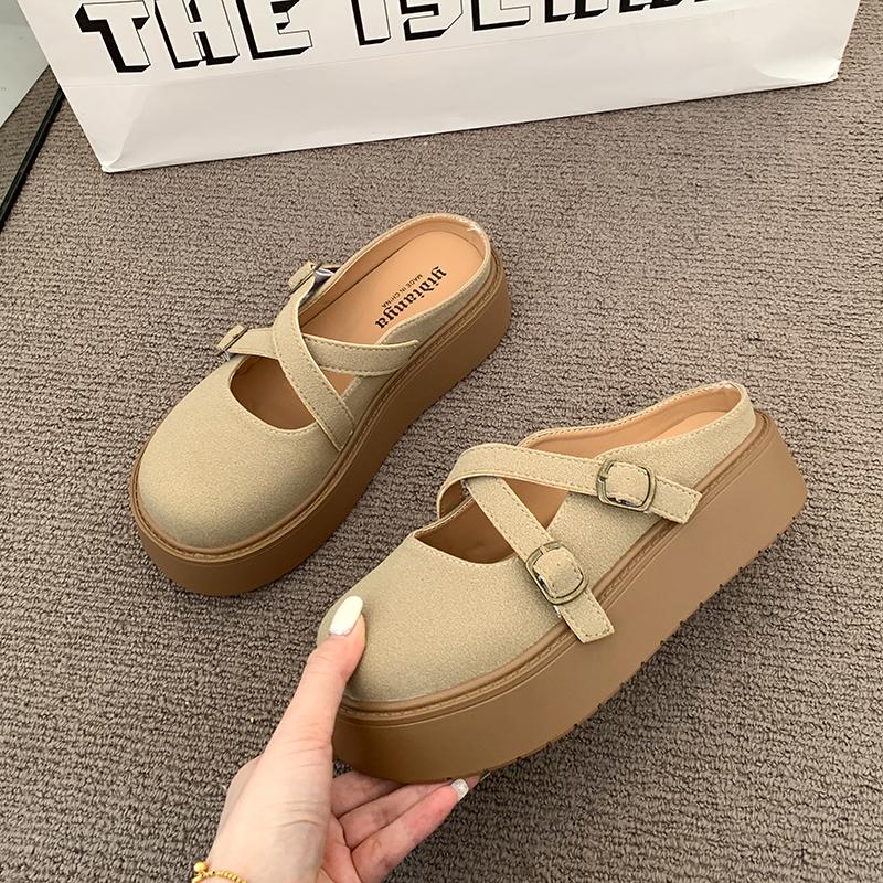 Women's Thick Bottom Baotou Slippers Spring New Round Head Shallow Mouth Belt Buckle Non-slip Flat Shoes