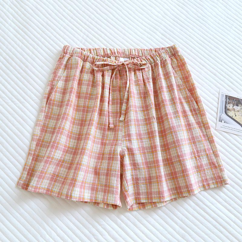 Par pyjamas sommer bomullsgasbind shorts japansk stil enkel elastisk midje uformell stor størrelse gitter hjemmebukser for menn og kvinner