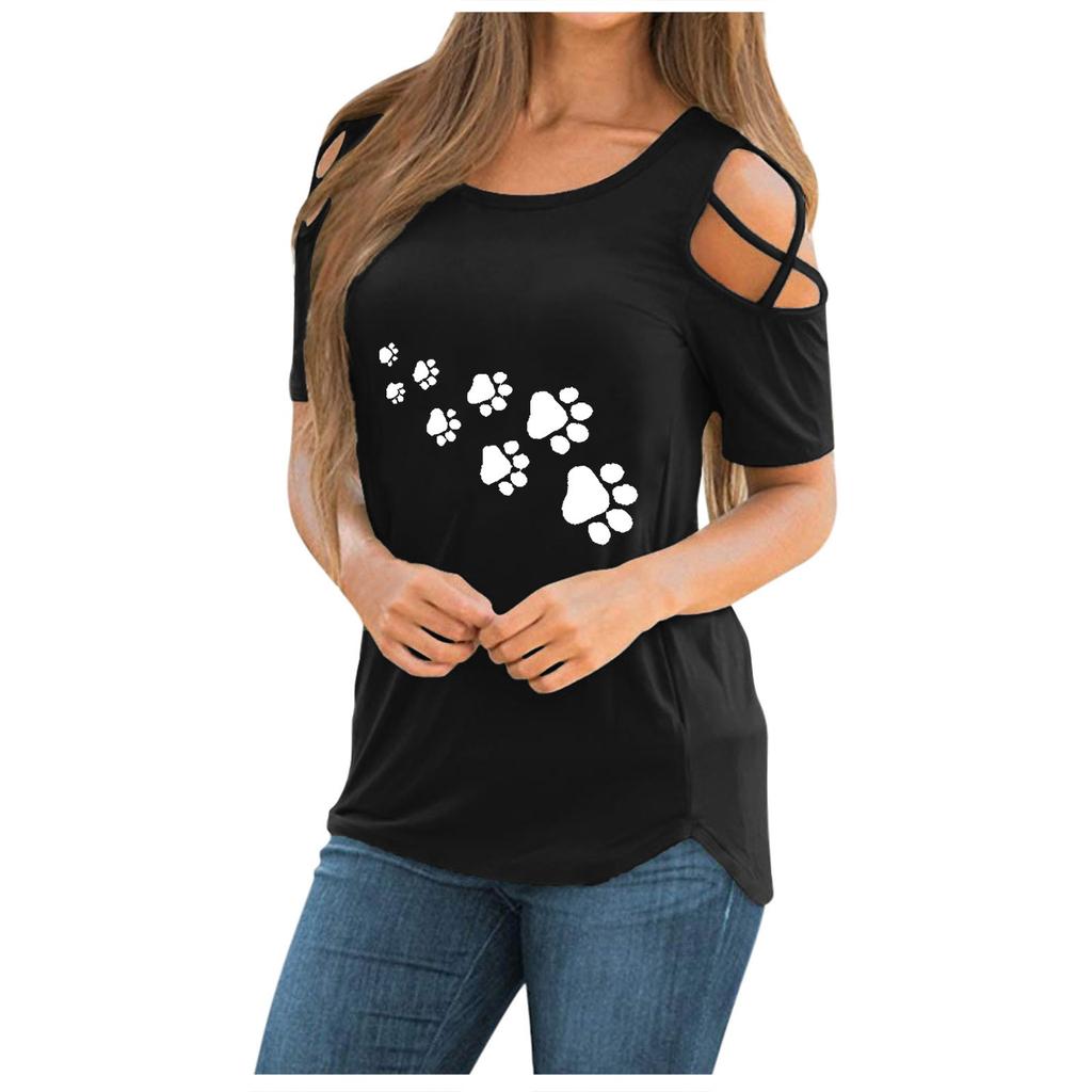 Women Tie-dye  Fashion Printed Colorful  Short Sleeve Strappy Cold Shoulder Top