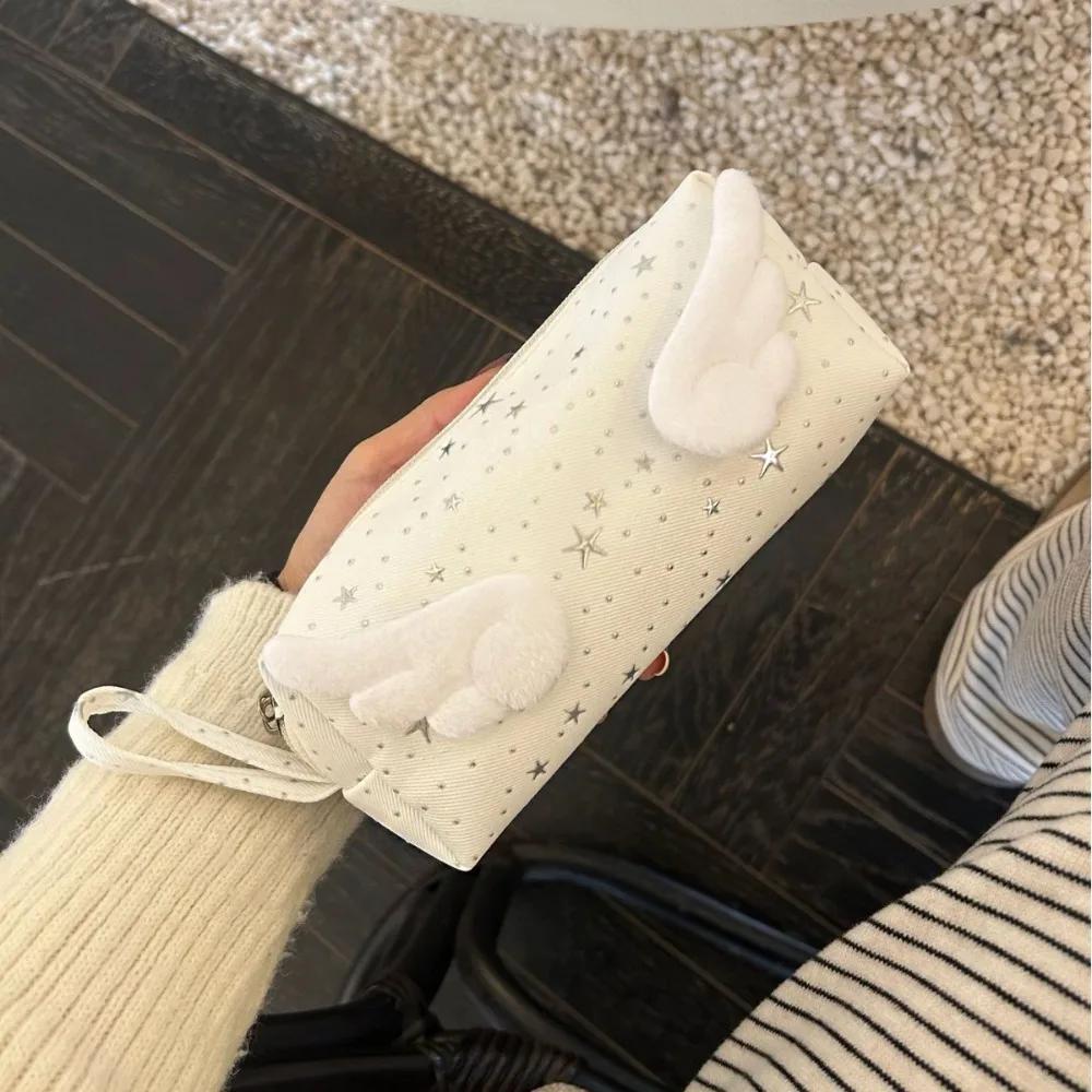 Print Wings Star Dots Pencil Case Y1k Desktop Storage Korean Style Pen Bag Stationery Storage Large Capacity