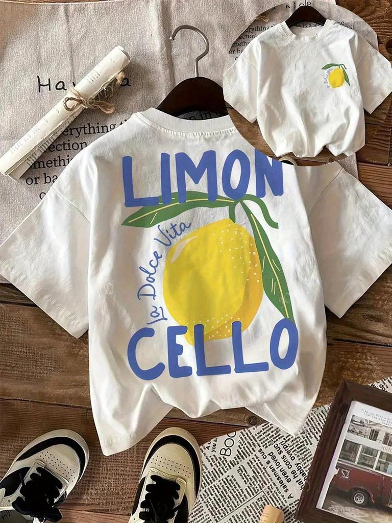 New Summer T-Shirt for Kids, Daily Casual Style, Breathable and Comfortable, Short-Sleeved, with A Cartoon Lemon Print.
