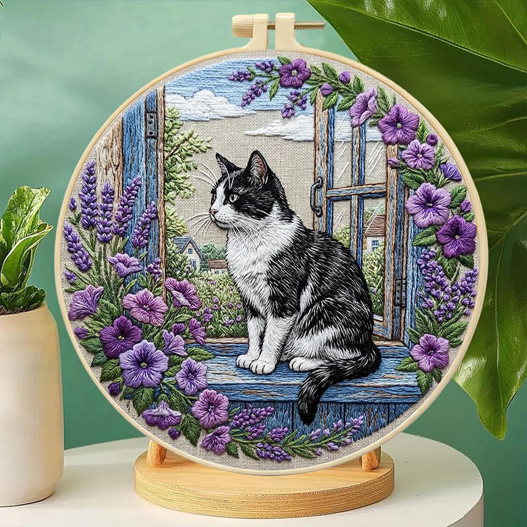 Cat DIY Stamped Embroidery Stitches Practice Kit with Embroidery Hoop 30x30cm for Beginners