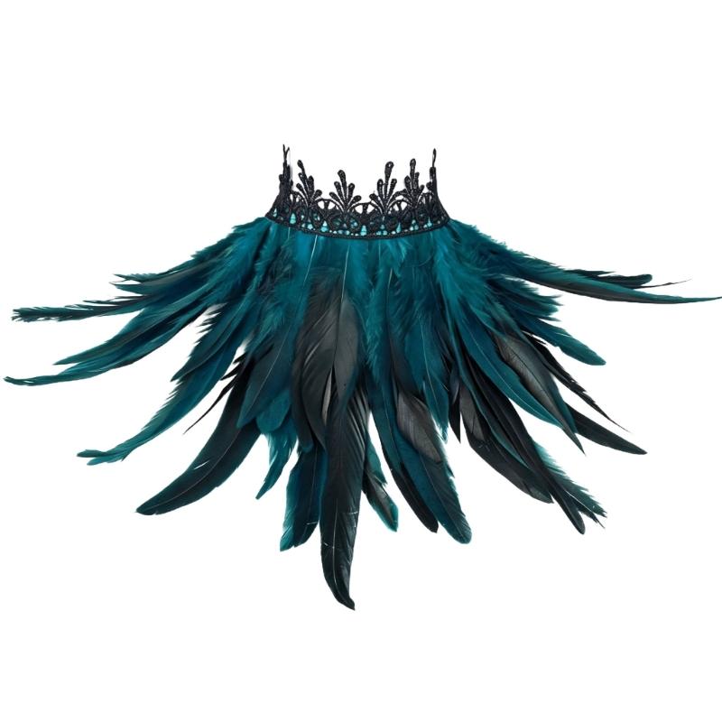 Feather Costume Neck Accessory with Lace Trim, Cosplay Capes Shoulder Wrap, Gothic Pull-On Collar for Party Photos and Stage Styling Appeal