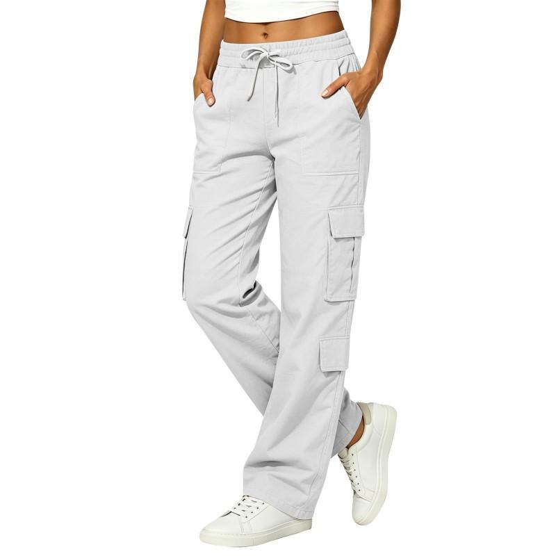 2026 Cotton Linen Blend Cargo Pants Women Multi Pocket Straight Leg Casual Trousers